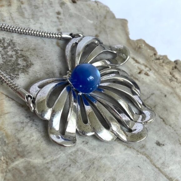 VTG Sterling Silver 925 Forstner Blue Cats Eye Glass Floral Pendant Necklace 16" - Picture 4 of 16
